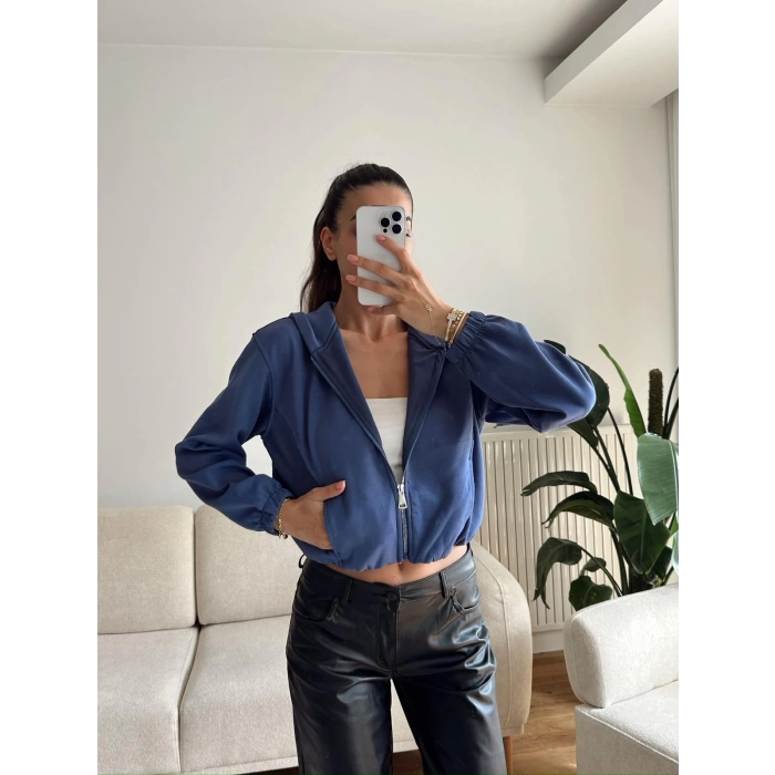 Bel Lastik Crop Hırka - İNDİGO