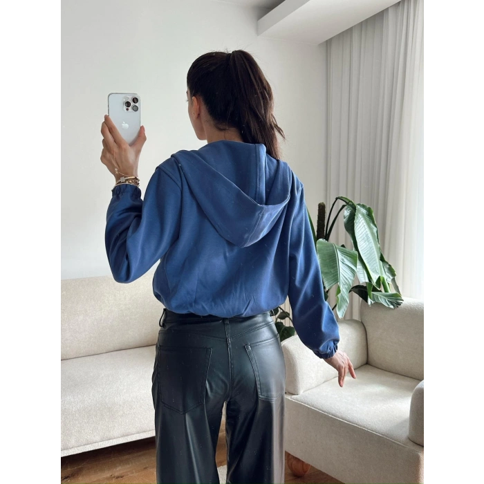 Bel Lastik Crop Hırka - İNDİGO