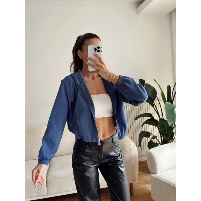 Bel Lastik Crop Hırka - İNDİGO