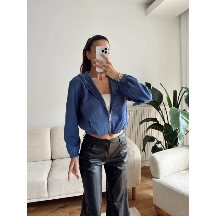 Bel Lastik Crop Hırka - İNDİGO