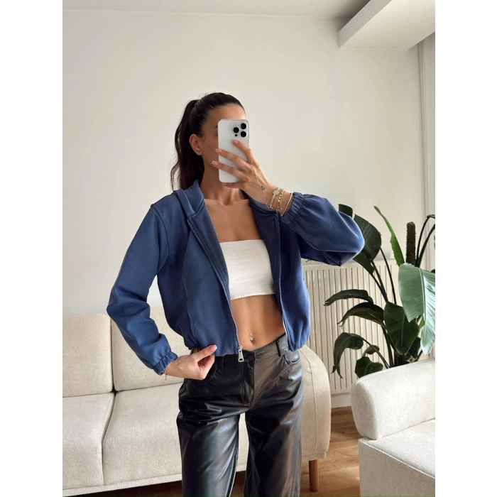 Bel Lastik Crop Hırka - İNDİGO