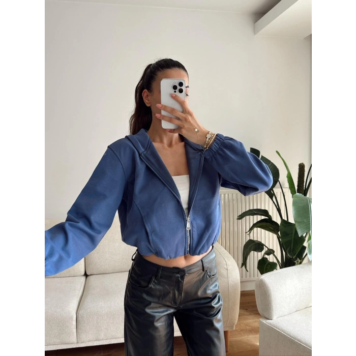 Bel Lastik Crop Hırka - İNDİGO