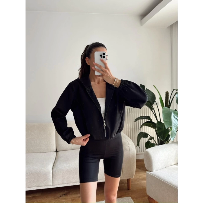 Bel Lastik Crop Hırka - SİYAH