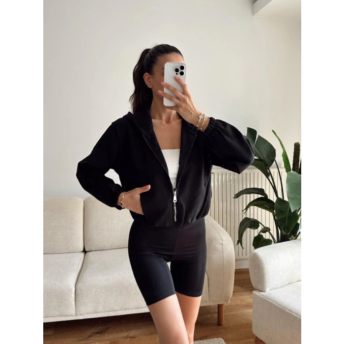 Bel Lastik Crop Hırka - SİYAH
