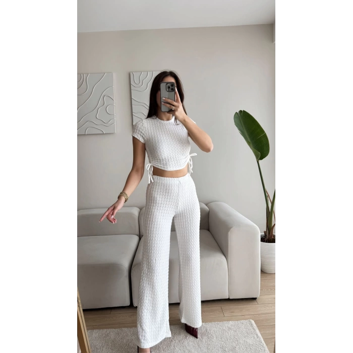 Bel Lastik Crop & Pantolon Takım - BEYAZ