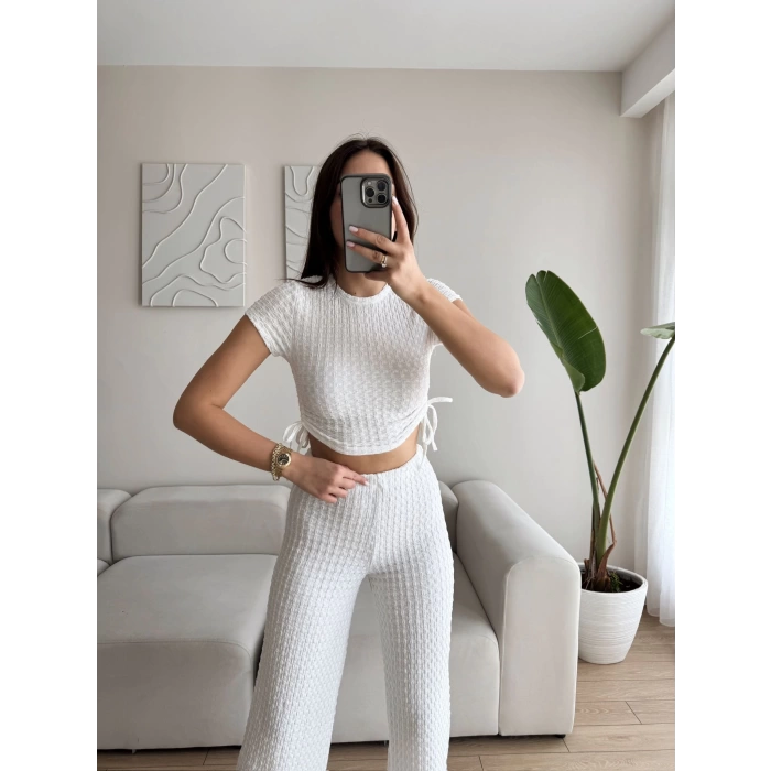 Bel Lastik Crop & Pantolon Takım - BEYAZ