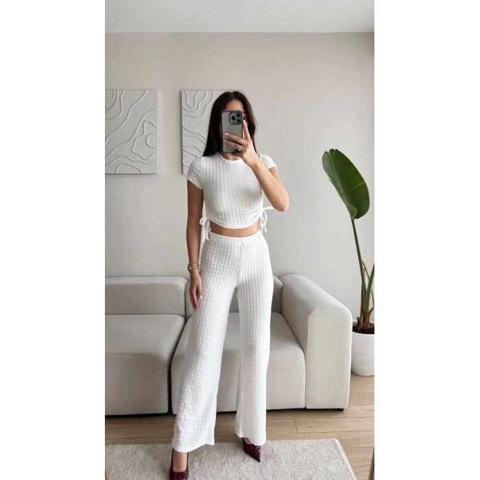 Bel Lastik Crop & Pantolon Takım - BEYAZ