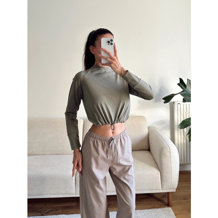 Bel Lastik Crop Sweat - HAKİ