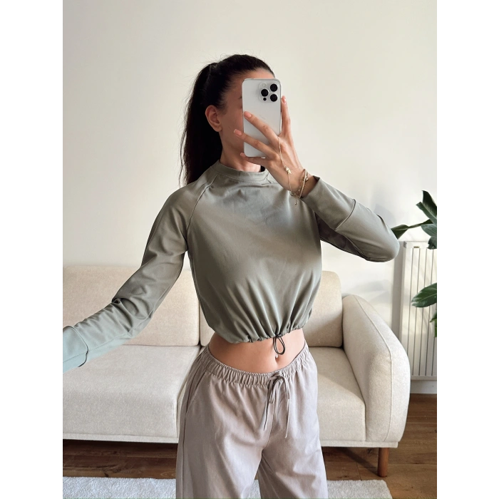 Bel Lastik Crop Sweat - HAKİ