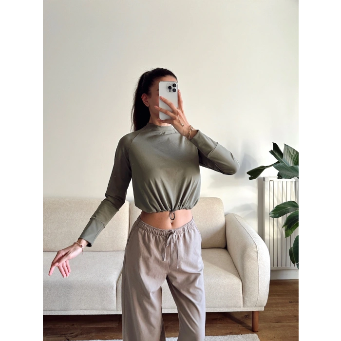Bel Lastik Crop Sweat - HAKİ