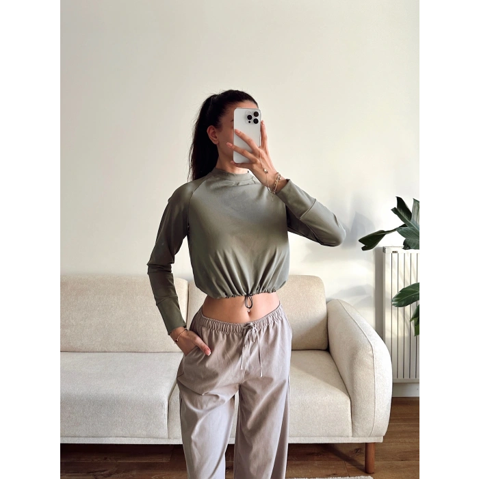 Bel Lastik Crop Sweat - HAKİ