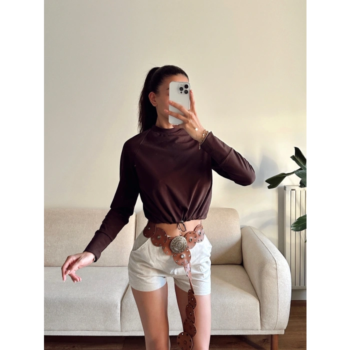 Bel Lastik Crop Sweat - KAHVE