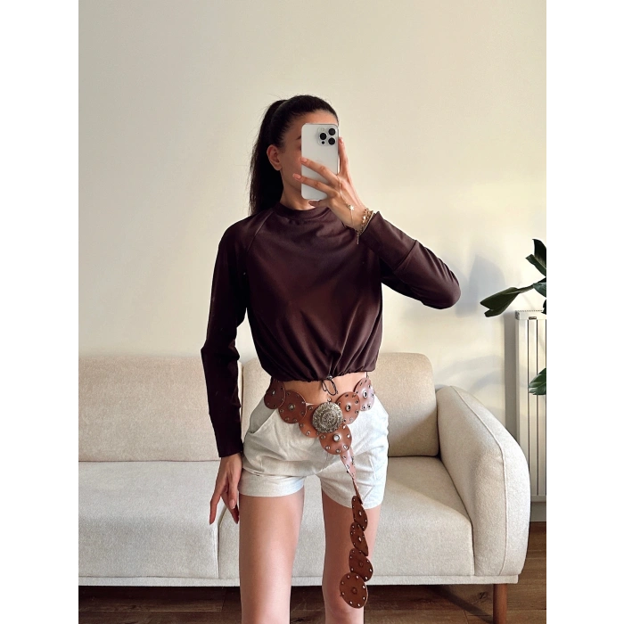 Bel Lastik Crop Sweat - KAHVE