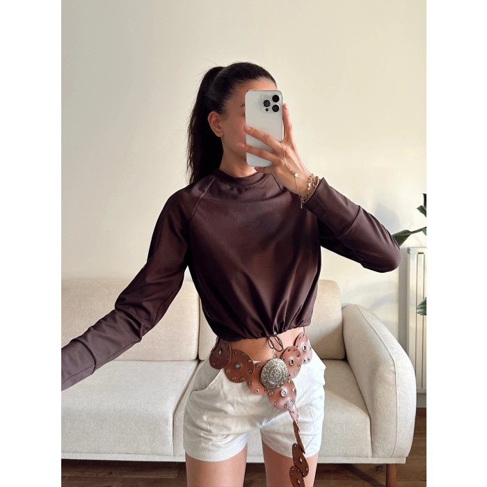 Bel Lastik Crop Sweat - KAHVE
