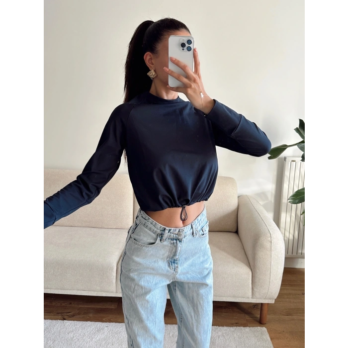 Bel Lastik Crop Sweat - LACİVERT