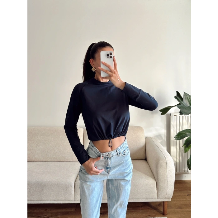 Bel Lastik Crop Sweat - LACİVERT