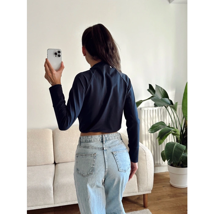 Bel Lastik Crop Sweat - LACİVERT