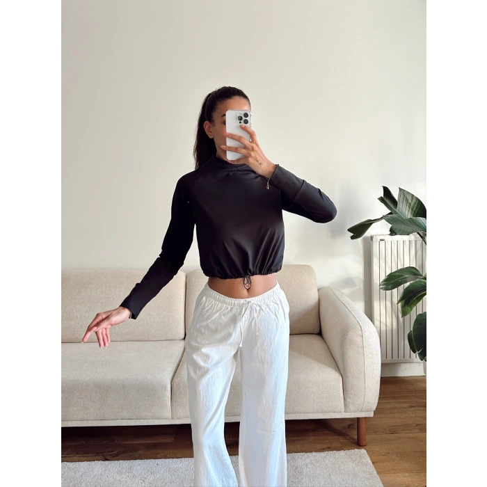 Bel Lastik Crop Sweat - SİYAH