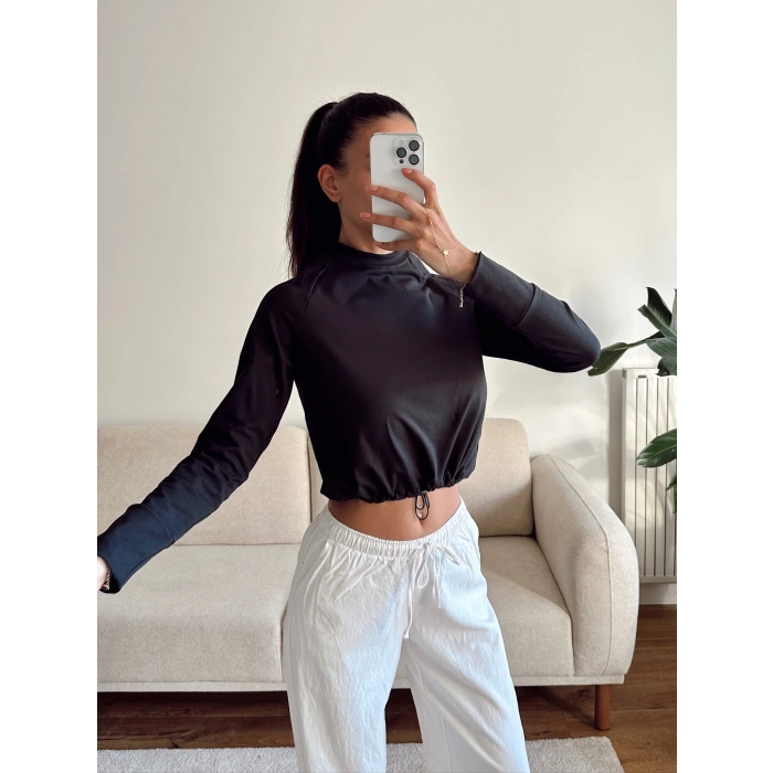 Bel Lastik Crop Sweat - SİYAH