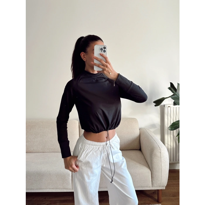 Bel Lastik Crop Sweat - SİYAH