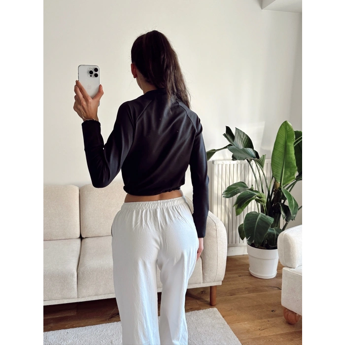Bel Lastik Crop Sweat - SİYAH