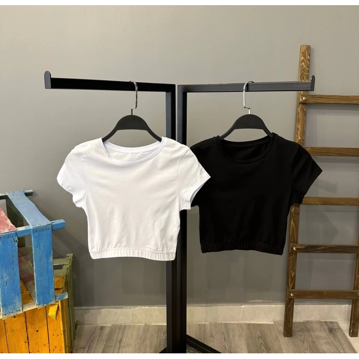 Bel Lastik Crop T-shirt-BEYAZ