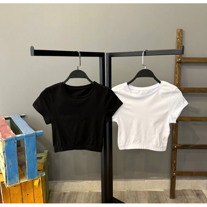 Bel Lastik Crop T-shirt-SİYAH