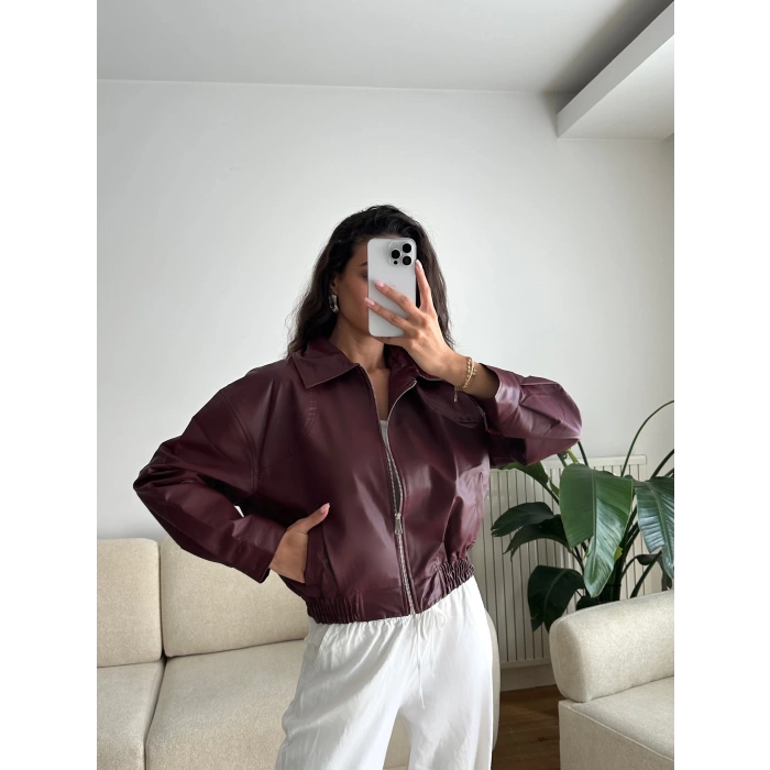 Bel Lastik Deri Ceket - BORDO