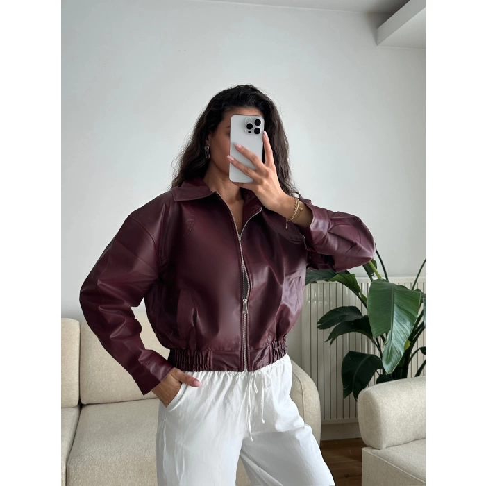 Bel Lastik Deri Ceket - BORDO