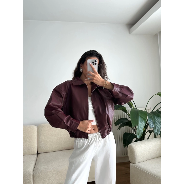 Bel Lastik Deri Ceket - BORDO