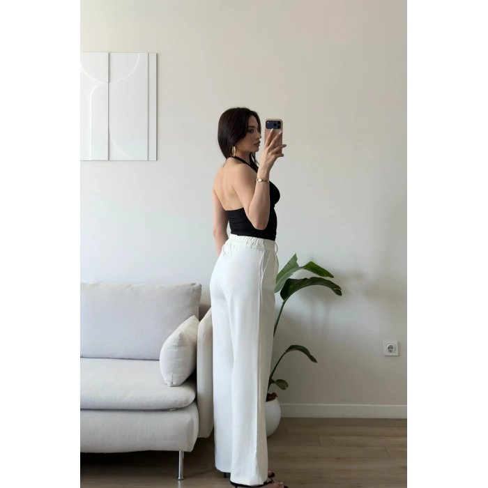 Bel Lastik Palazzo Pantolon - BEYAZ