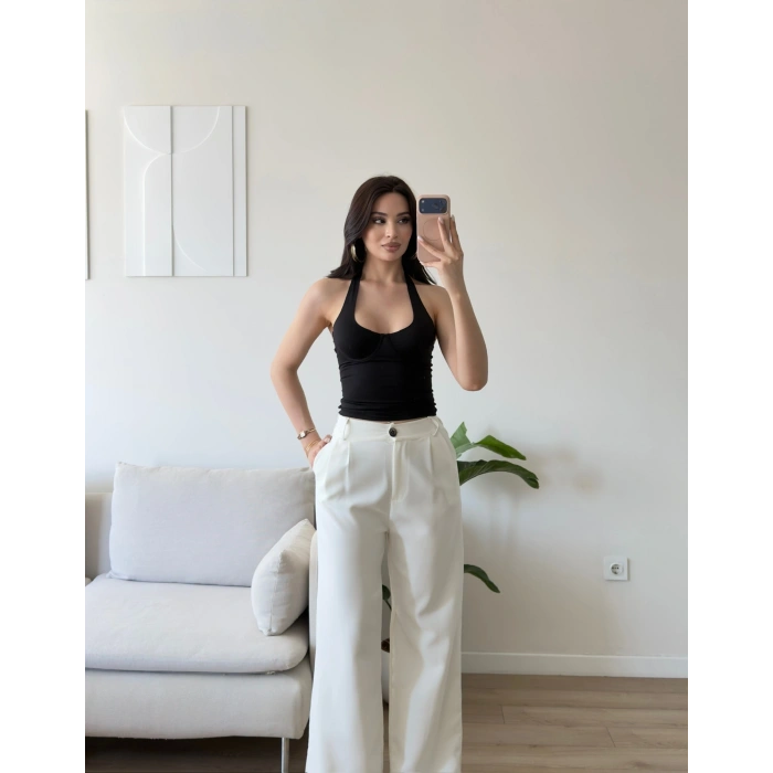 Bel Lastik Palazzo Pantolon - BEYAZ