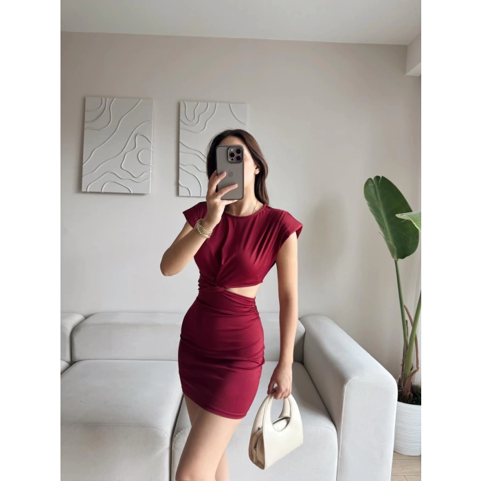 Bel Pencere Vatkalı Elbise - BORDO