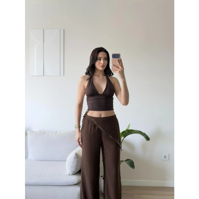 Bel Şal Detay Dökümlü Pantolon - KAHVE