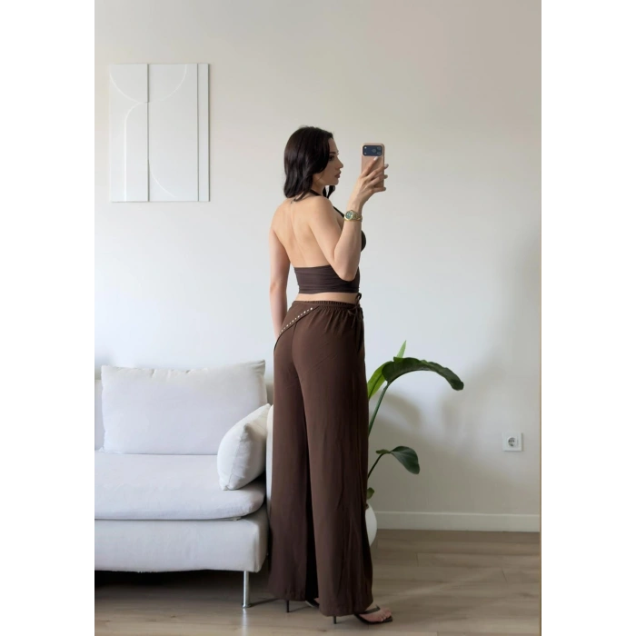 Bel Şal Detay Dökümlü Pantolon - KAHVE