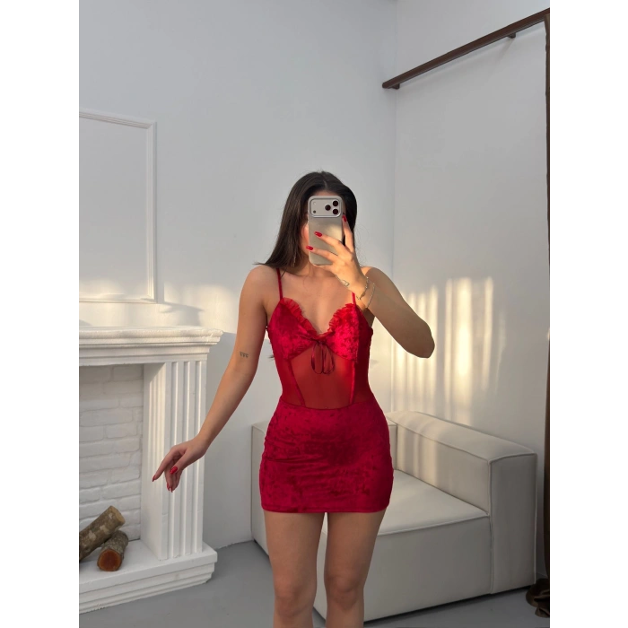 Bel Şifon Askılı Elbise - KIRMIZI