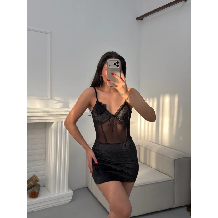 Bel Şifon Askılı Elbise - SİYAH