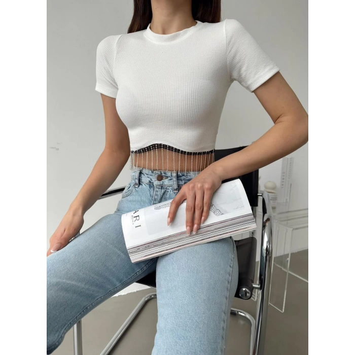 Bel Taşlı Kaşkorse Crop-BEYAZ