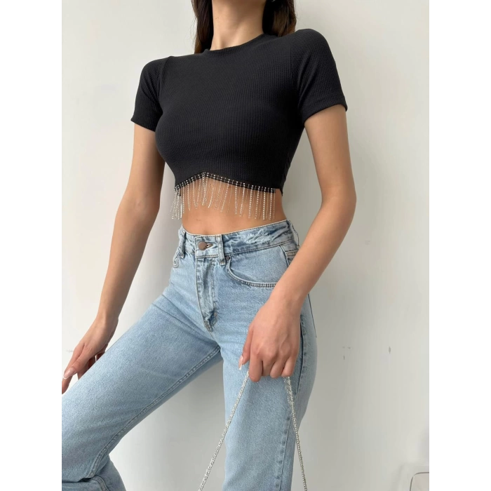 Bel Taşlı Kaşkorse Crop-SİYAH