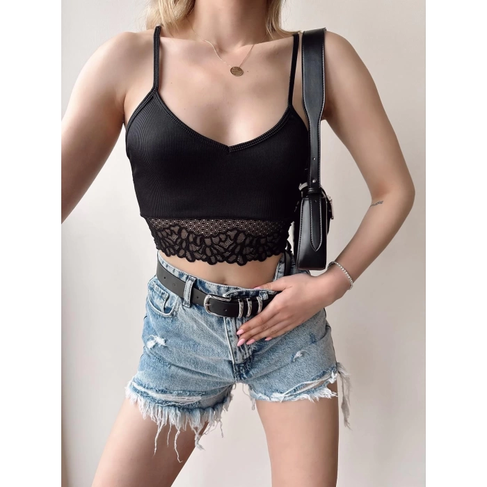 Bel Tül Detay Askılı Crop-SİYAH