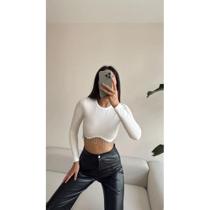 Bel Zincir Detay Crop Bluz-BEYAZ