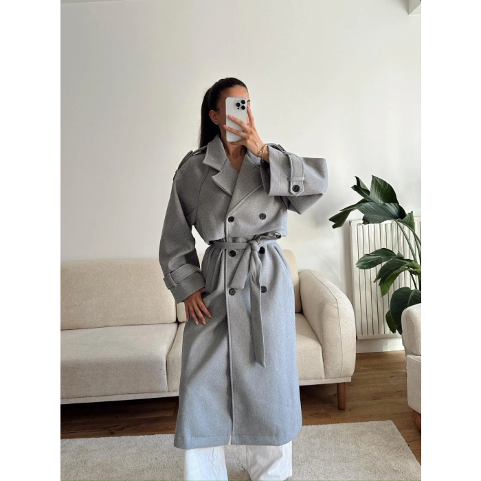 Beli Kuşaklı Kaşe Kaban - GRİ