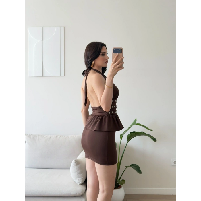 Belinda Boyundan Bağlamalı Elbise - KAHVE