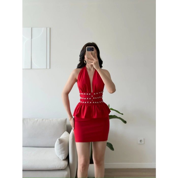Belinda Boyundan Bağlamalı Elbise - KIRMIZI