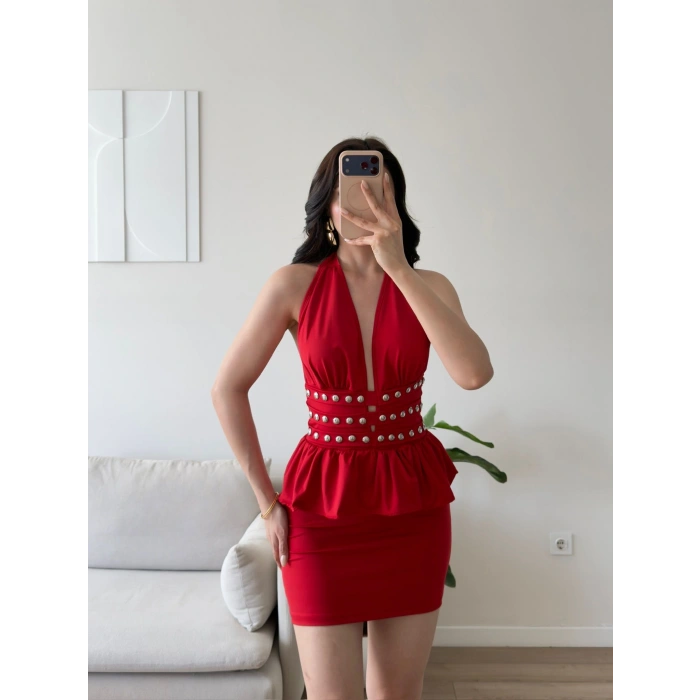 Belinda Boyundan Bağlamalı Elbise - KIRMIZI
