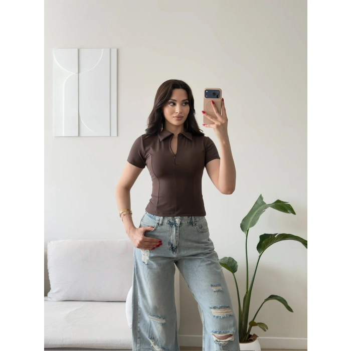 Belize Polo Yaka Crop - KAHVE