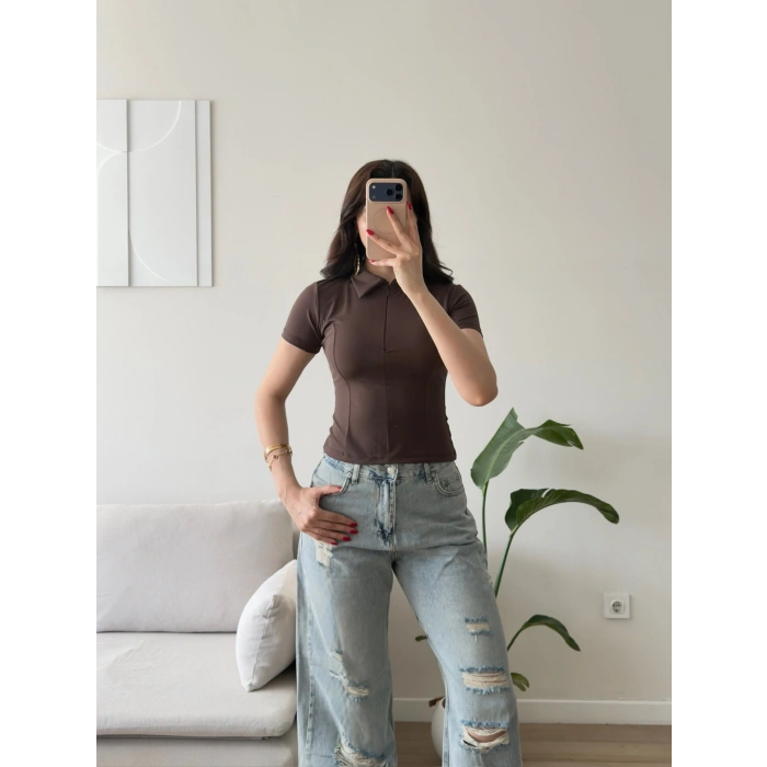 Belize Polo Yaka Crop - KAHVE