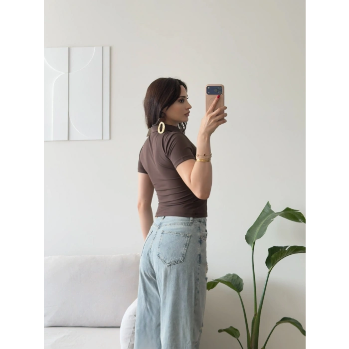 Belize Polo Yaka Crop - KAHVE
