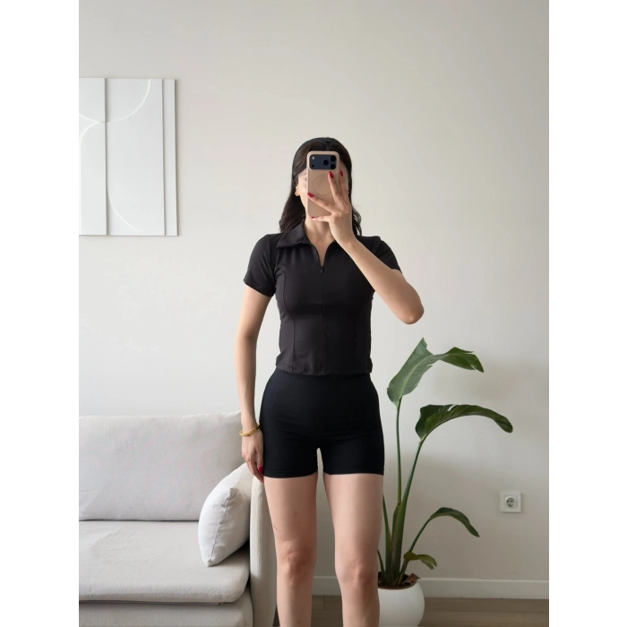 Belize Polo Yaka Crop - SİYAH