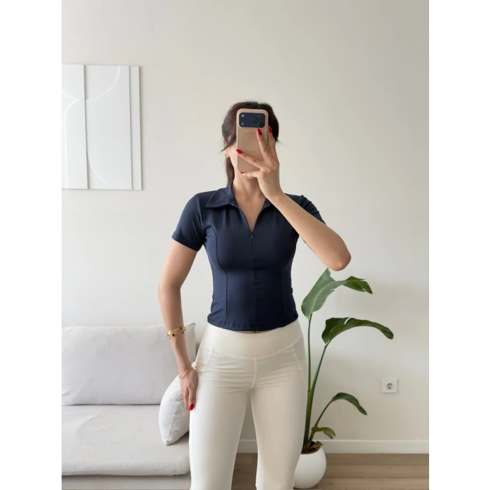 Belize Polo Yaka Crop - LACİVERT